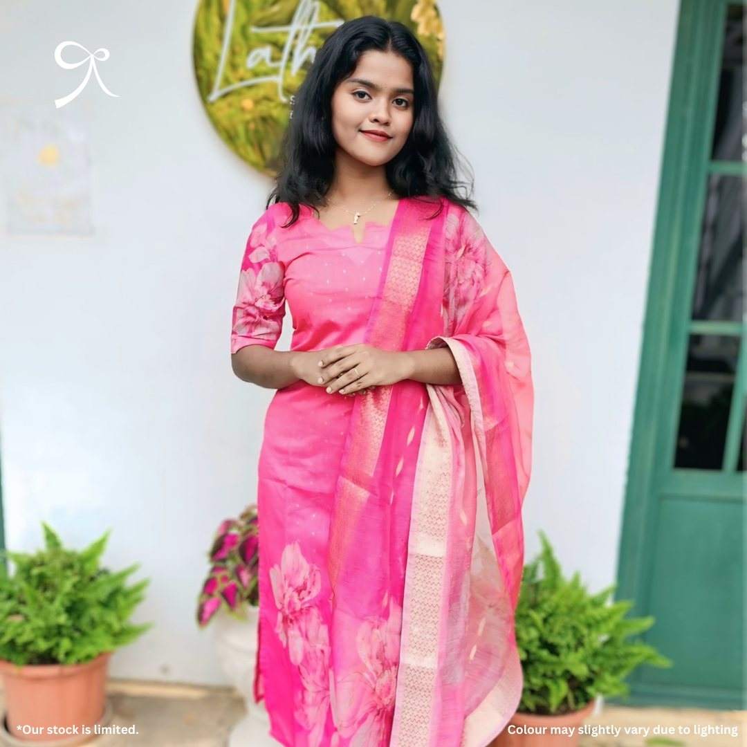 Rose Glow Elegance Silk Cotton Suit Set with Golden Buttas & Floral Dupatta