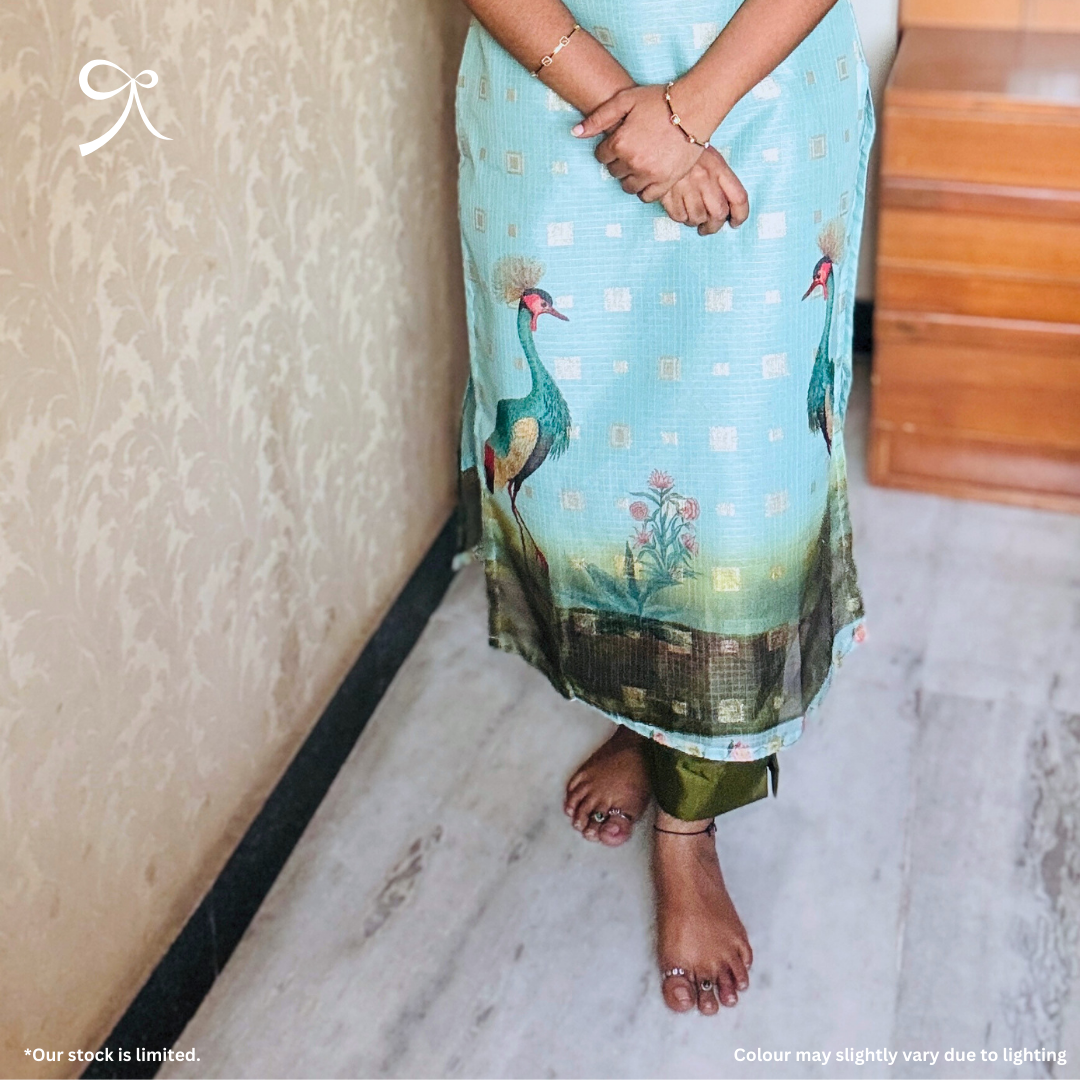 Peacock-Printed Sea Green Kota Salwar Suit with Zari Buttas