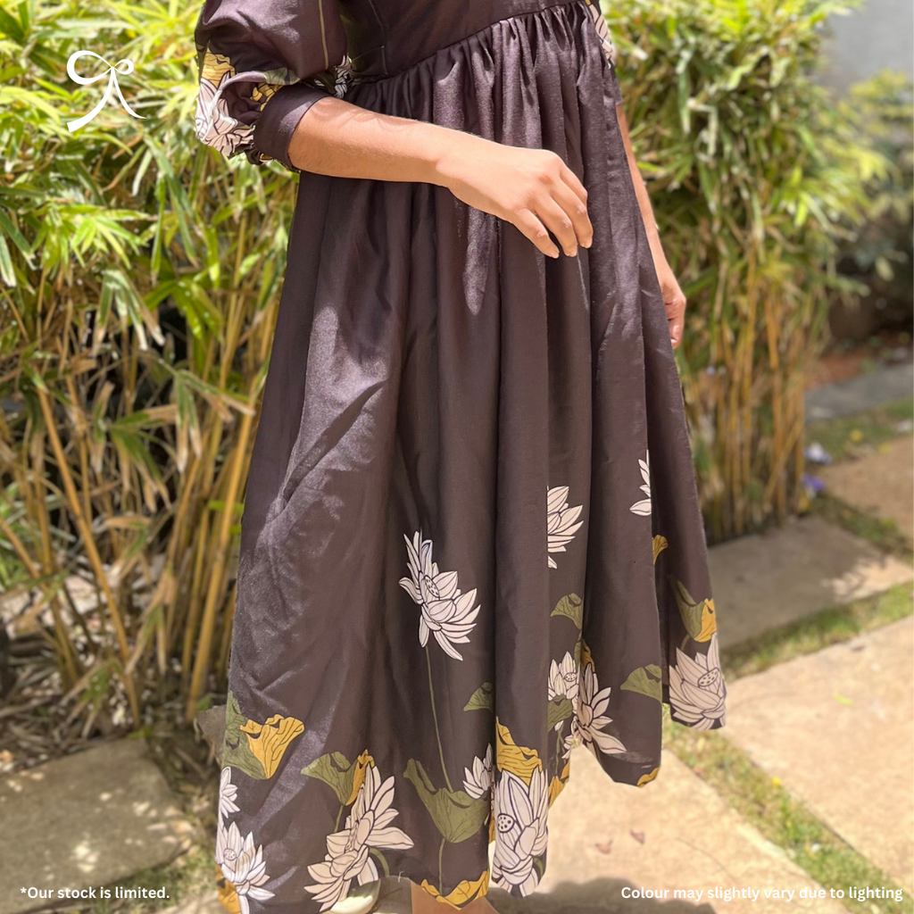 Pure Black Linen Maxi with Floral Detailing