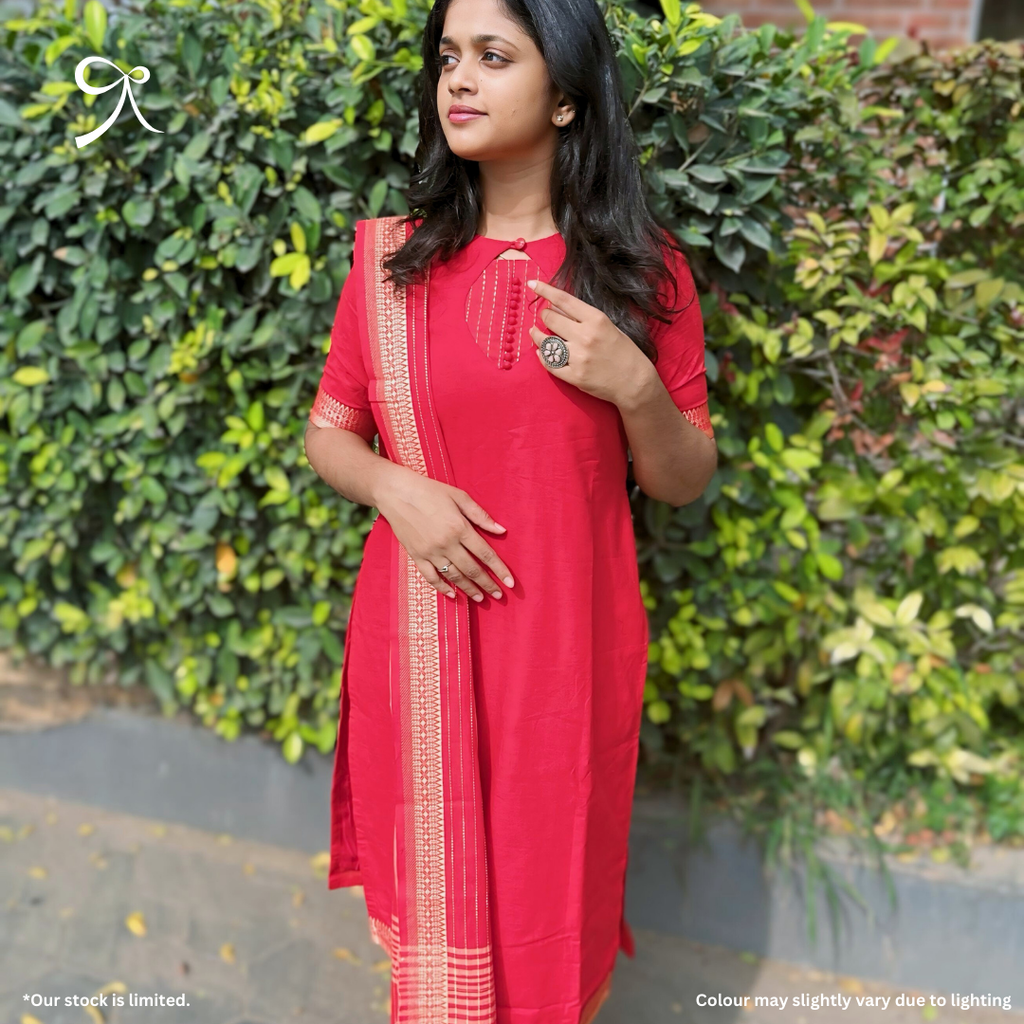 Red Handloom Cotton Suit with Mangalagiri Zari Border