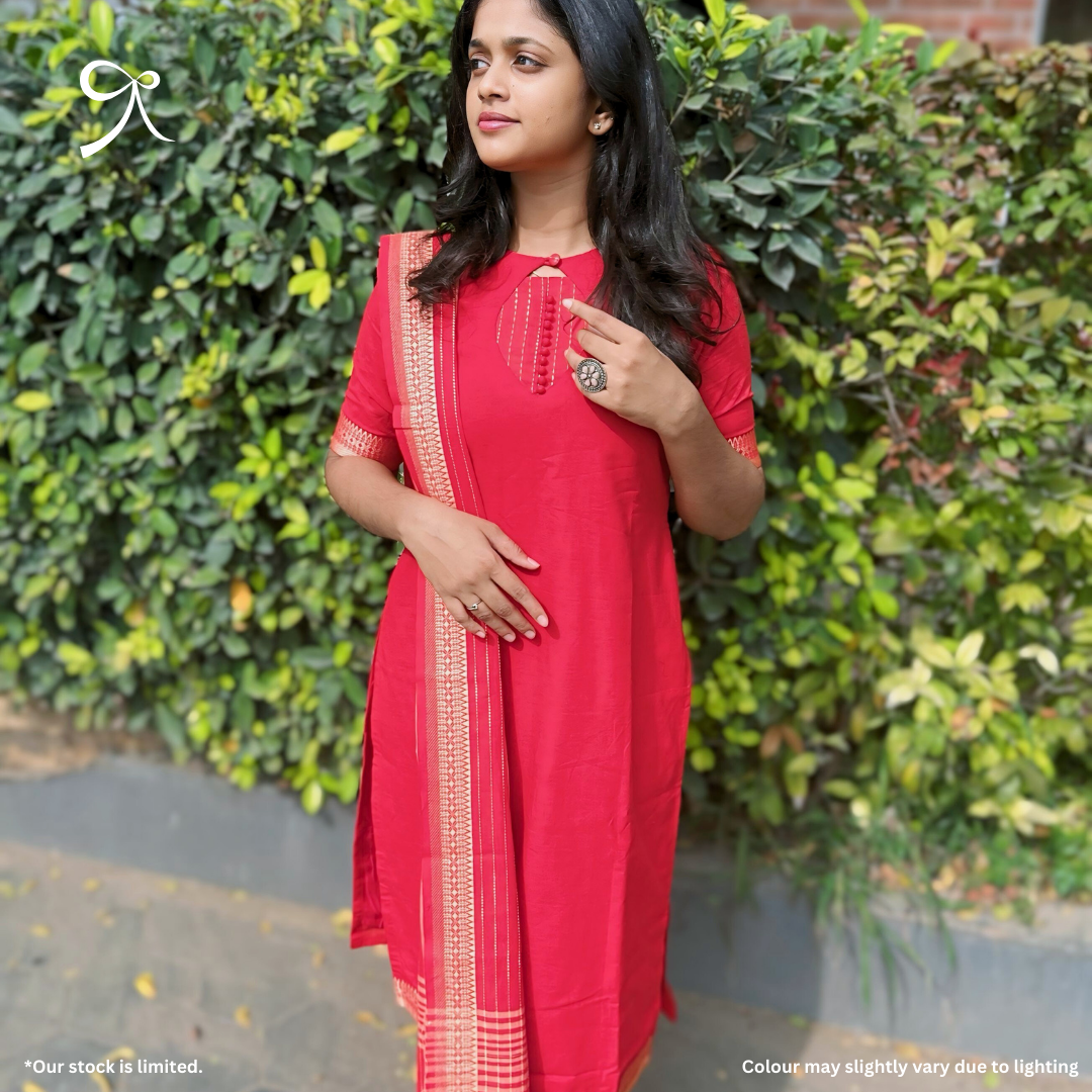 Red Handloom Cotton Suit with Mangalagiri Zari Border
