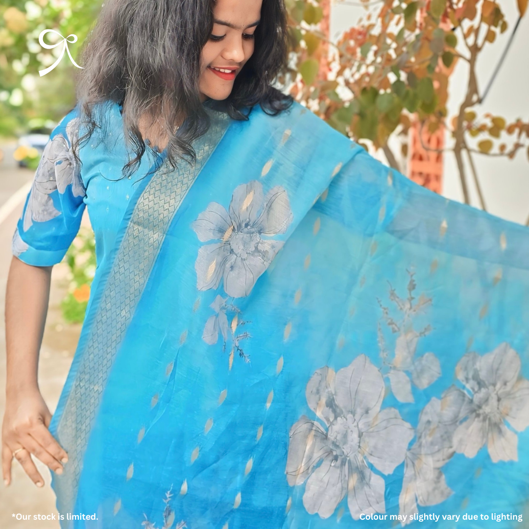 Blue Silk Cotton Suit Set with Golden Buttas & Floral Dupatta