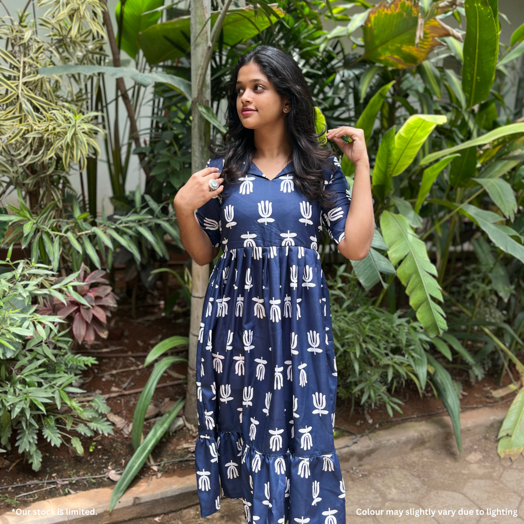 Navy Linen Handblock Maxi Dress